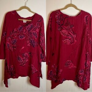 Soft Surroundings Asymmetrical Red Floral Print Tunic Top Size M